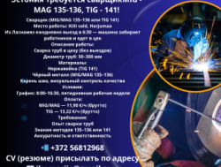 Эстония требуется сварщикMIG -MAG 135-136, TIG - 141!