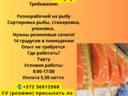 Требуется разнорабочий на рыбное производство!
